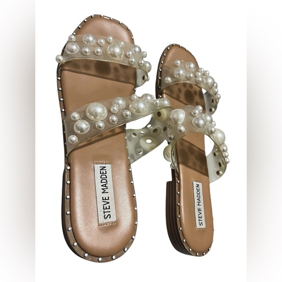 Steve Madden Shoes - Size 9 Steve Madden Pearl-Embellished Clear Strap Slide Sandals - Nude/Tan